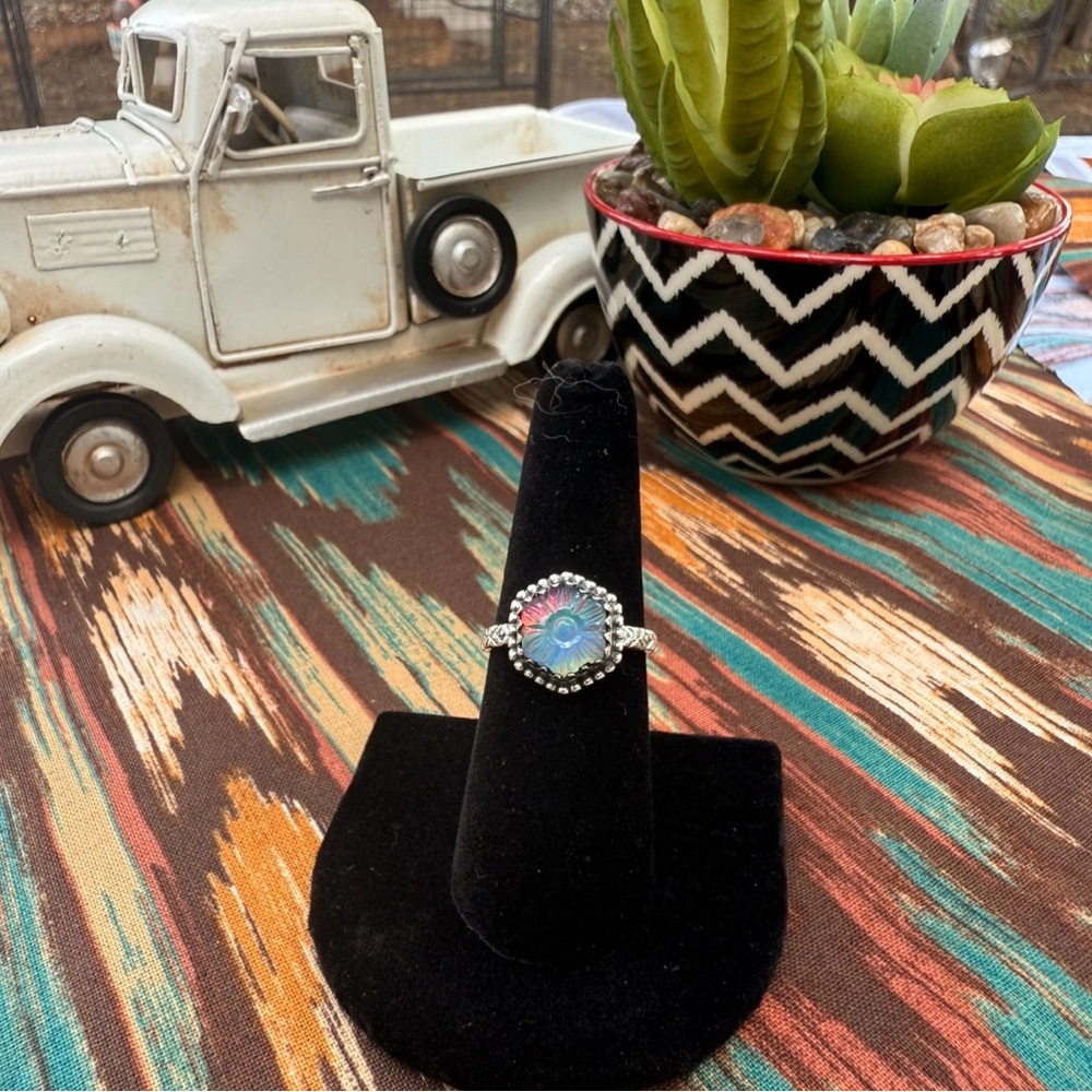 A4 Aurora Opal Hexagon Shaped Gemstone Ring in a 92.5% Silver Setting